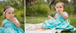 Outdoor cake smash with girl in blue dress