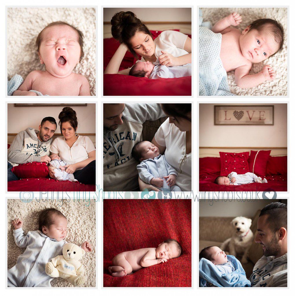 Newborn baby photography Denham - collage of newborn baby and family at home
