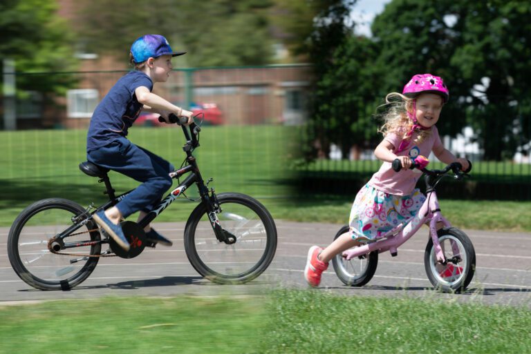 portrait of cyclist and balance bike