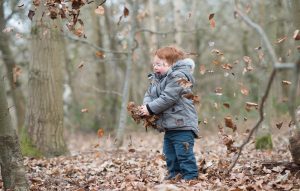 Boy playing in leaves