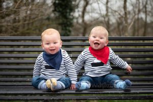 9 month twins on bench at Morden Park
