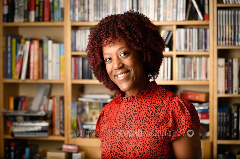 Business headshot in library