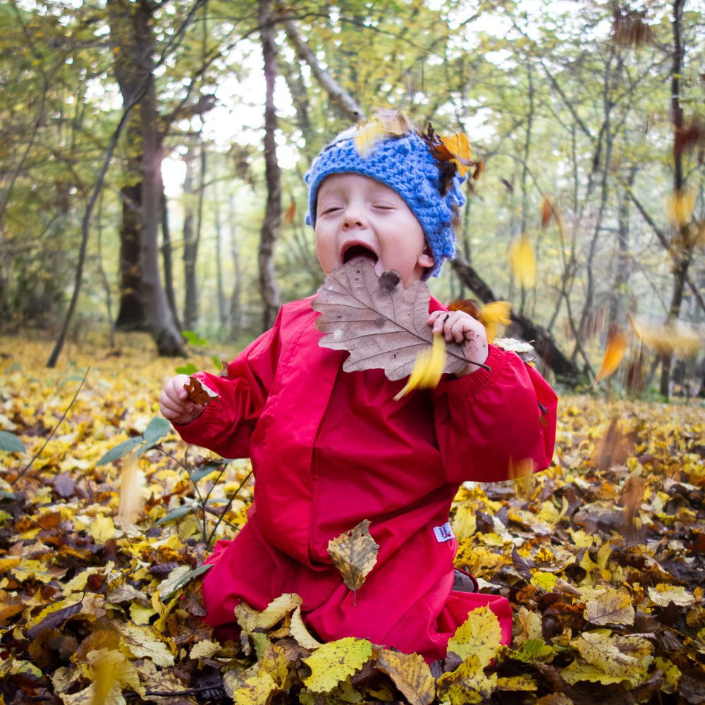 Autumn family photography of Baby playing in autumn leaves