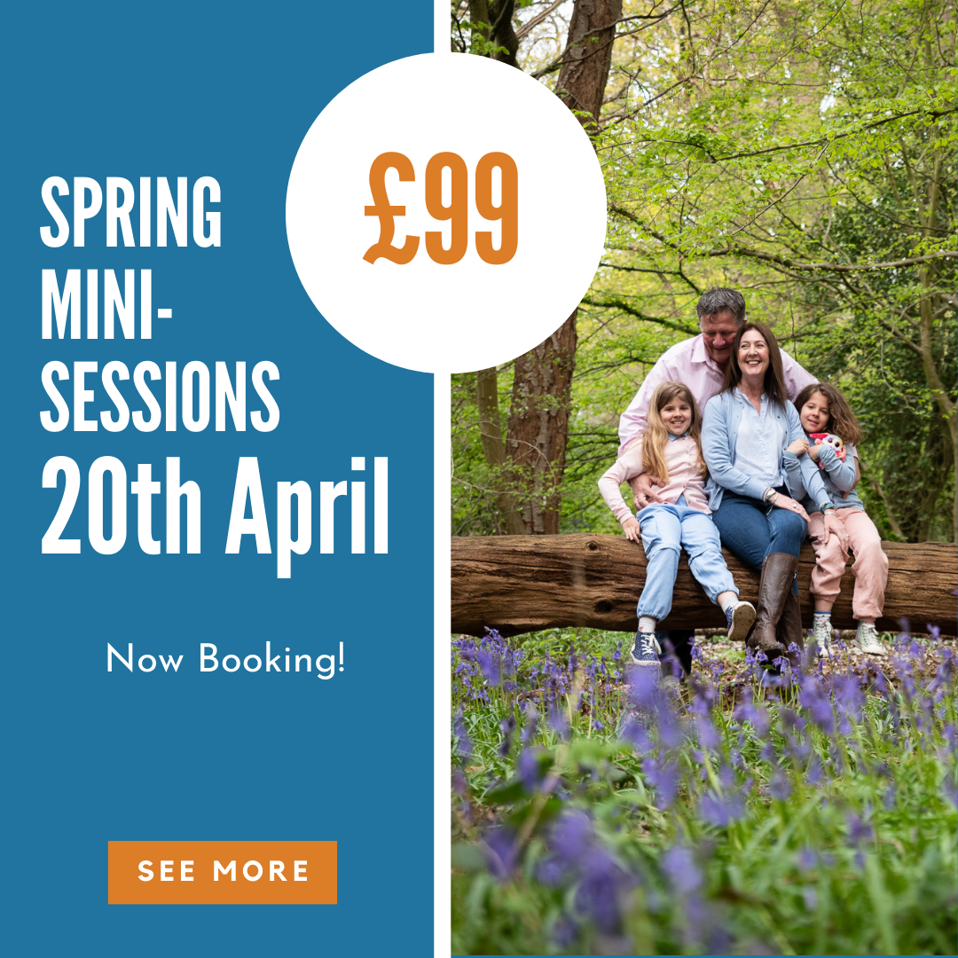 Spring mini sessions 20th April with an image of a family in bluebell woods