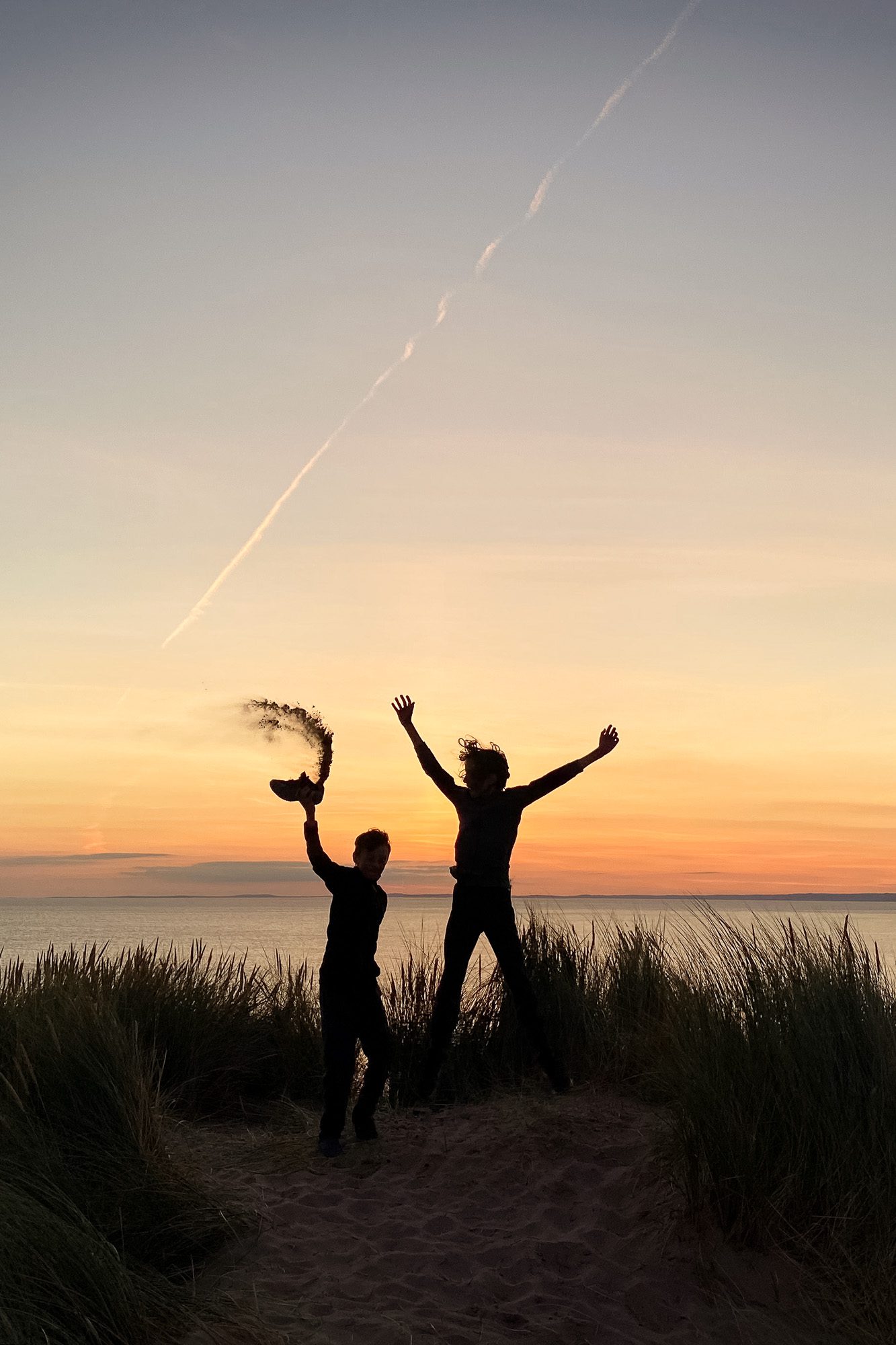 Twins jumping and playing on sand dune beach