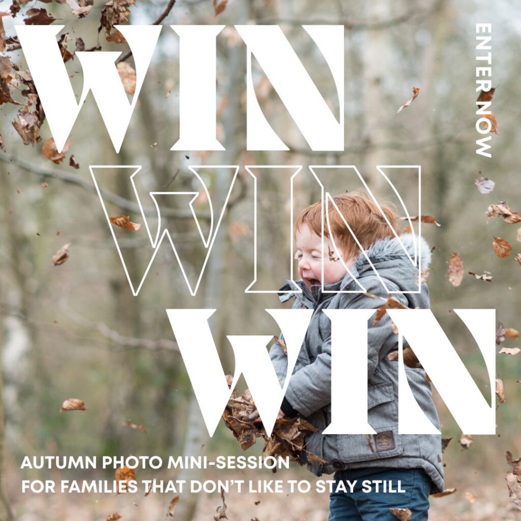 small boys playing with leaves with text about winning a photo mini session
